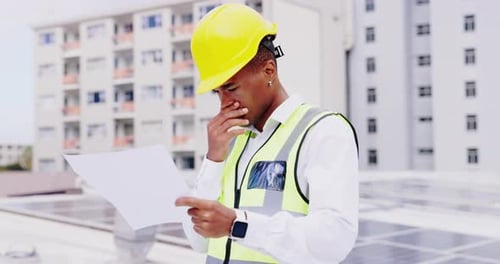 Thinking, solar panels or black man with blueprint in engineering planning construction