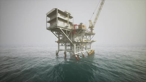 Old Oil Platform Standing in Calm Waters Under a Clear Sky at Sunset