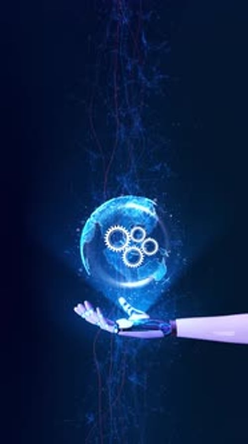 Futuristischer Roboter, der einen leuchtenden digitalen Globus mit Verbindungslinien in der Hand hält, ist künstlich