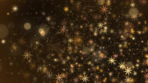 Festive Golden Sparkling Particles and Snowflake Background