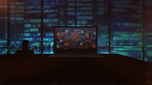 Futuristic Corporate Data Interface on Laptop Screen