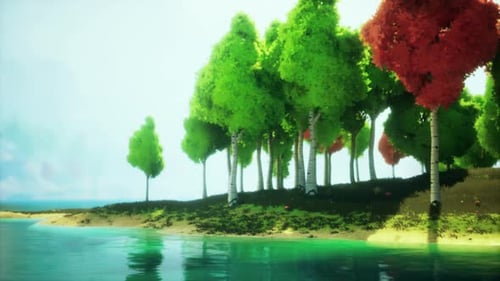 Colorful Cartoon Forest at Sunset