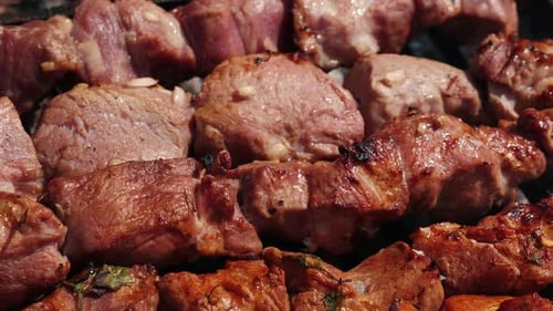Tasty pork shashlik on grill. Roasting cubes of pork on skewer on charcoal