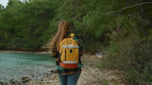 A cool and windy day by the sea. A female tourist with a backpack walks along the forest.