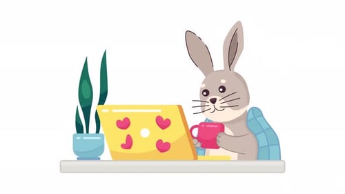 Cute rabbit drinking tea at laptop cartoon animation