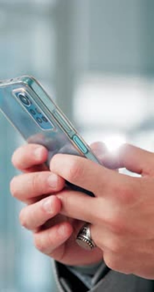 Hands, cellphone and businessman in office typing for email, communication or contact online