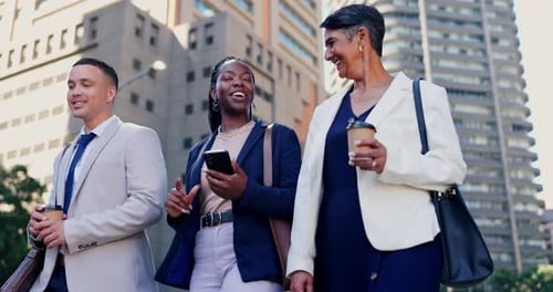 Business people, walking and travel with conversation in city for morning commute