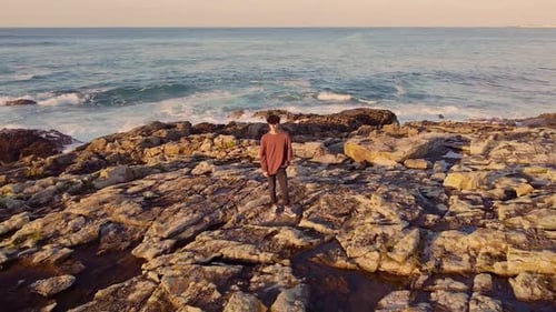 Beautiful Sea Sunset Horizon In Arteixo, Spain - aerial drone shot