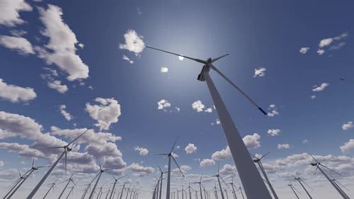 3D Wind Turbine Field Generating Clean Energy Under Blue Sky