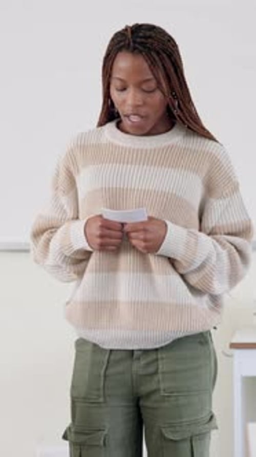 Education, nervous and presentation with student black woman in classroom of college for speech