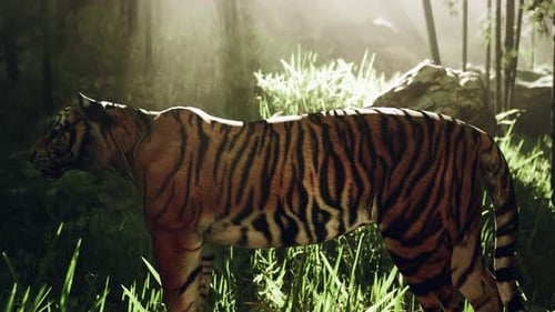 With the Sun Shining Down a Mammoth Bengal Tiger Hunts for Its Next Meal