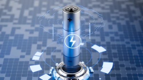 Futuristic Battery Charging Animation with Digital Energy Icons