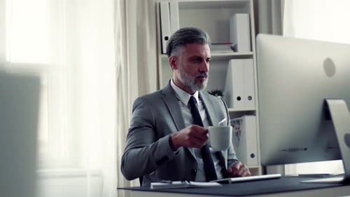 Businessman with Computer Sitting at the Table in an Office, Working