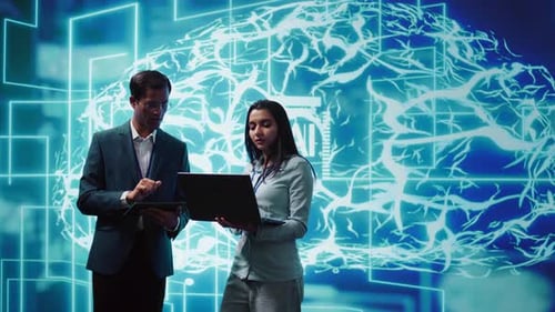 Coworkers Solving Tasks on Laptop and Tablet Running AI Software