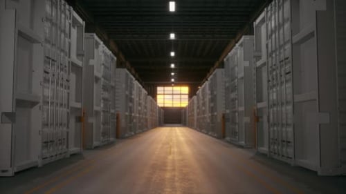 Self Storage Warehouse Aisle with Glowing Window Cinematic Interior