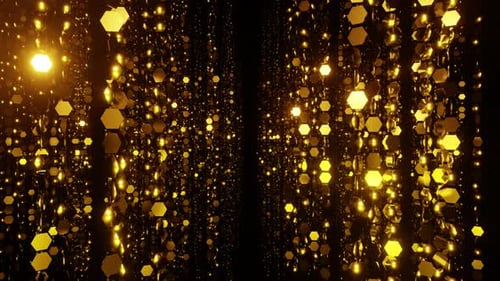 Awards corridor of sparkling golden hexagon particles bokeh or glitter garland vj loop 3d render