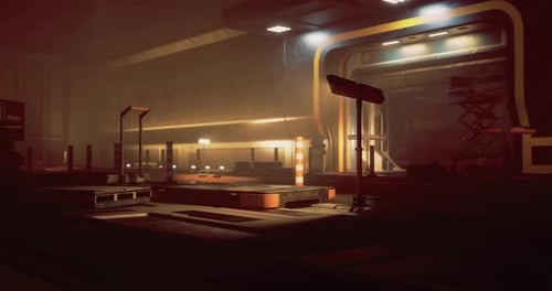Futuristic Sci-Fi Hangar Interior with Dynamic Moving Light Animation