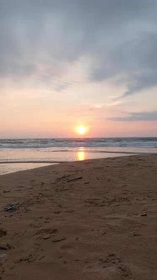 Beautiful Sand with Long Sea Waves at Sunset Action Calm Sunset on Sea with Clouds Cloudy Sunset on