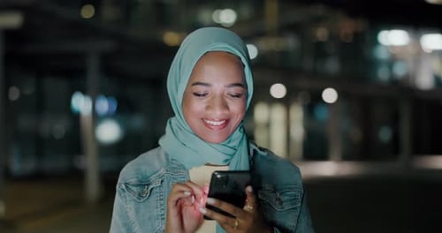 Night, phone and funny with muslim woman in city for text message, social media and search