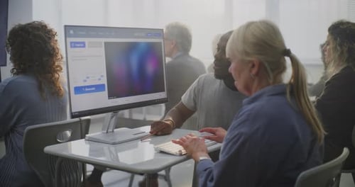Adults Work Collaboratively on Computer in Office Setting
