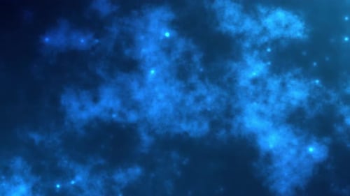 Abstract blue mystery smoke background with glowing particles flying upwards.