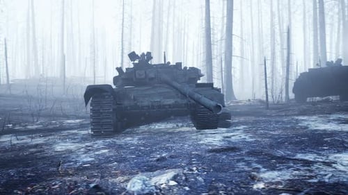 Military Tank in Desolate Winter Forest
