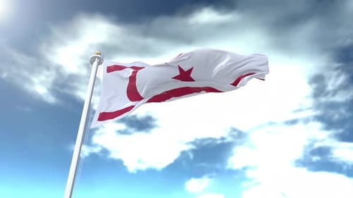 Waving Flag of Northern Cyprus Against Cloudy Sky