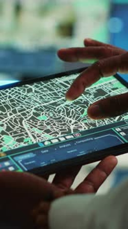 Hands Use Tablet with 3D City Map