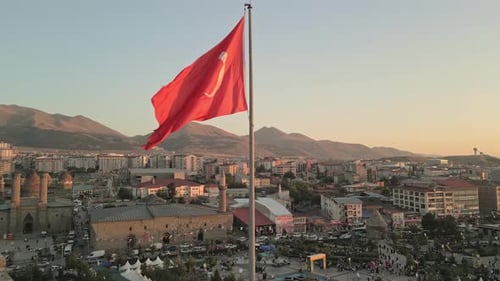 Turkish Flag Wave Over Erzurum City