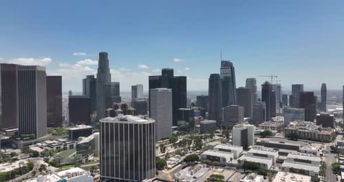 Aerial View of Los Angeles Downtown Fly LA By Drone Skyscrapers Cityscape Los Angeles CA USA June 1