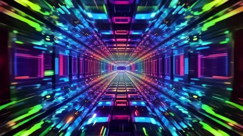 Abstract futuristic neon grid tunnel motion background with