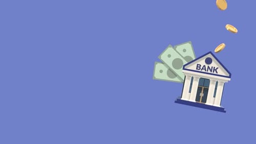 Animated 3D Bank Building with Falling Money and Coins