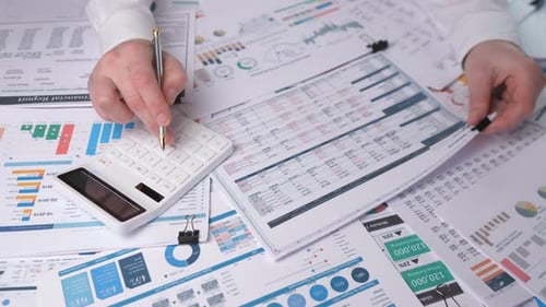 Person Calculates Data on Spreadsheet with Calculator