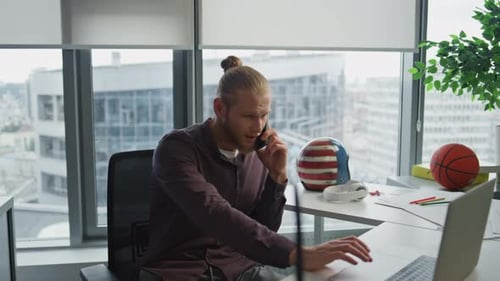 Smiling Businessman Phone Conversation at Office Closeup. Positive Man Discussing Business Plan