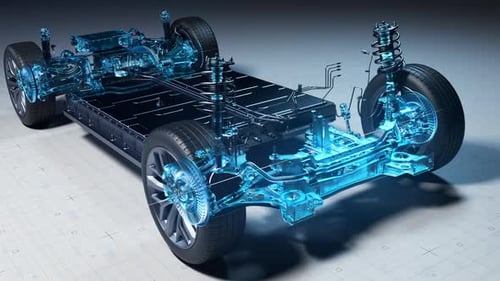 Futuristic Electric Vehicle Chassis 3D Animation with Blue Glow