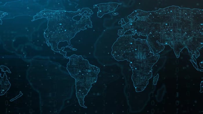 Futuristic Digital World Map Global Network Data Flow Background ...