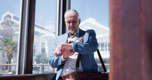 Business, waiting and check time with man, station and stress with city service