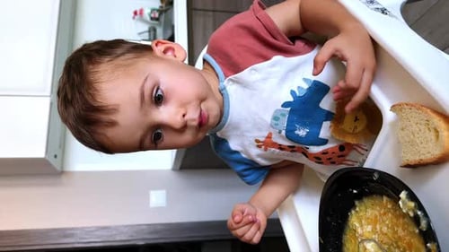Toddler Being Fed in High Chair at Kitchen Table
