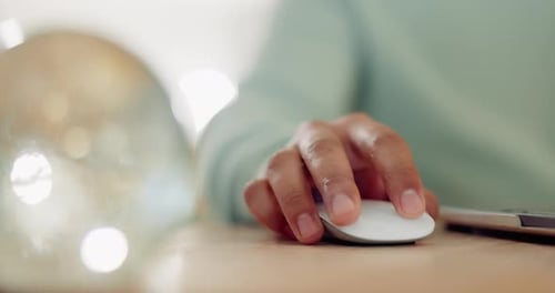 Laptop, mouse or hands of person click, search and working on research study