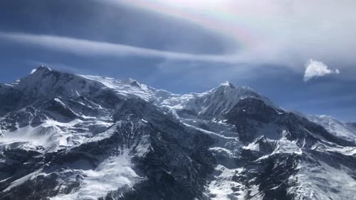 Soft iridescence over Annapurna three and Gangapurna as seen from Manang Valley in Nepal. Wide Shot.
