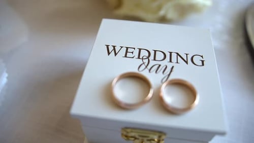 Close Up of Wedding Rings on a Stylish Box Slow Motion Camera