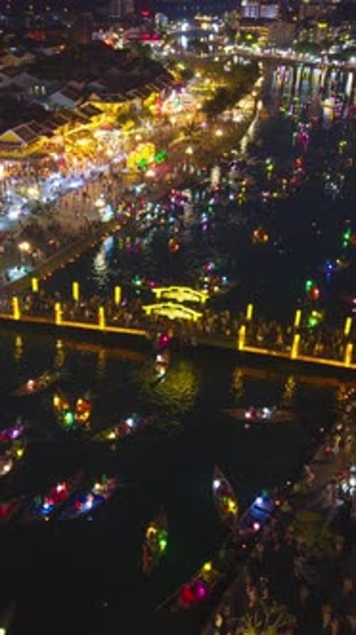 Hyperlapse of drone view of Hoi An Ancient Town at night