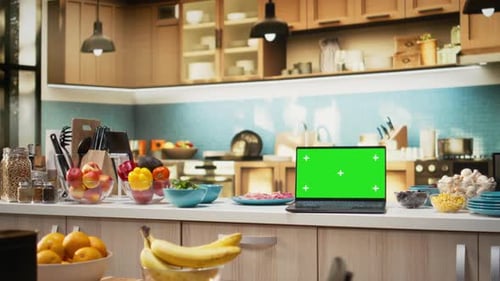 Green Screen on Laptop in Modern Home Kitchen with Cupboards and Cookware
