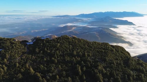 Aerial View of Mountainous Landscape with Forests Valley Full of Fog