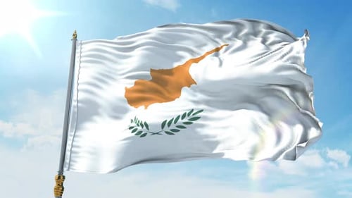 Cyprus Flag Waving Dynamically in Bright Blue Sky