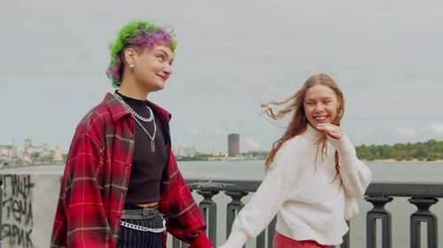 Young Lesbian Girls Lovely Walking Walking Holding Hands on Embankment