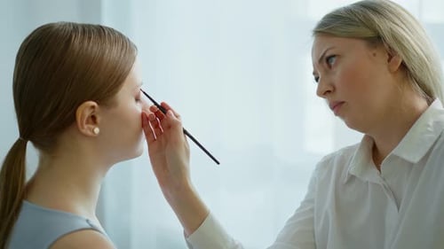Makeup Artist Work in Her Beauty Studio Portrait of Woman Applying By Professional Make Up Master