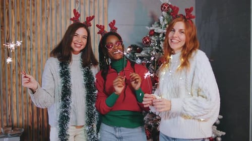 Friends Celebrate Christmas with Sparklers and Smiles