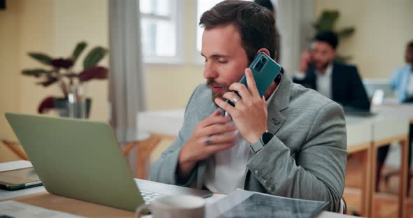 Phone call, laptop and business man typing email, talking and multitask ...