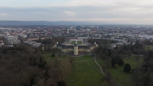 High Angle Footage Flying Towards Majestic Karlsruhe Palace Vast City Panorama and Surrounding Park